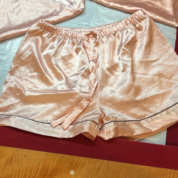 PINK satin PJ PANTS & SHORTS SET Peachy Pink black trim Stretch waist LUXURY MED - Picture 2 of 12